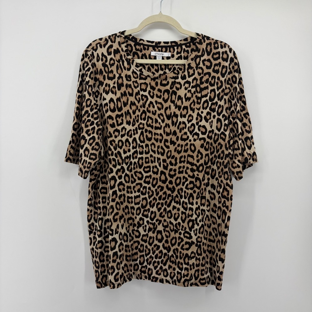 Chico's Womens XL Tan Leopard Print Short Sleeve Knit Crew Neck Top Casual